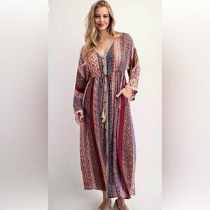 Easel Boho Patchwork Maxi Dress with Tassel Tie - Multi-Color